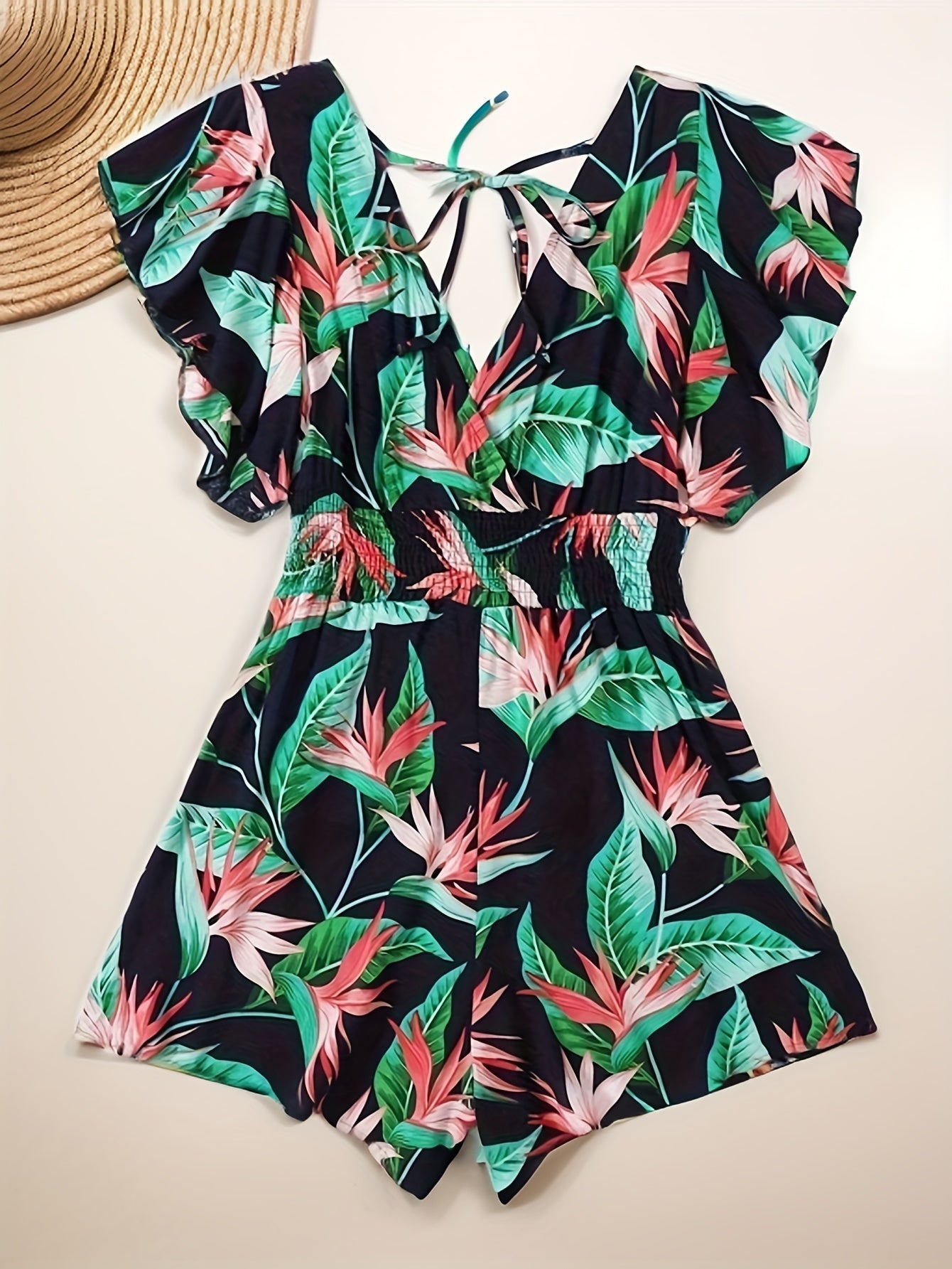Women's Plus Tropical Print Ruffle Sleeve V Neck Knot Romper