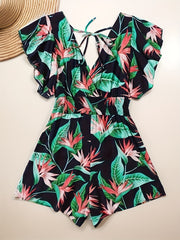 Women's Plus Tropical Print Ruffle Sleeve V Neck Knot Romper