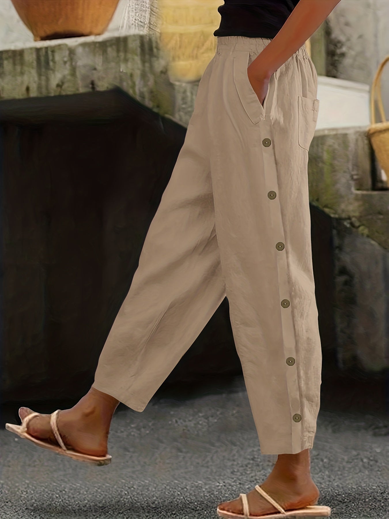 Solid Side Breasted Cropped Pants Casual Pocket Elastic Waist Pants