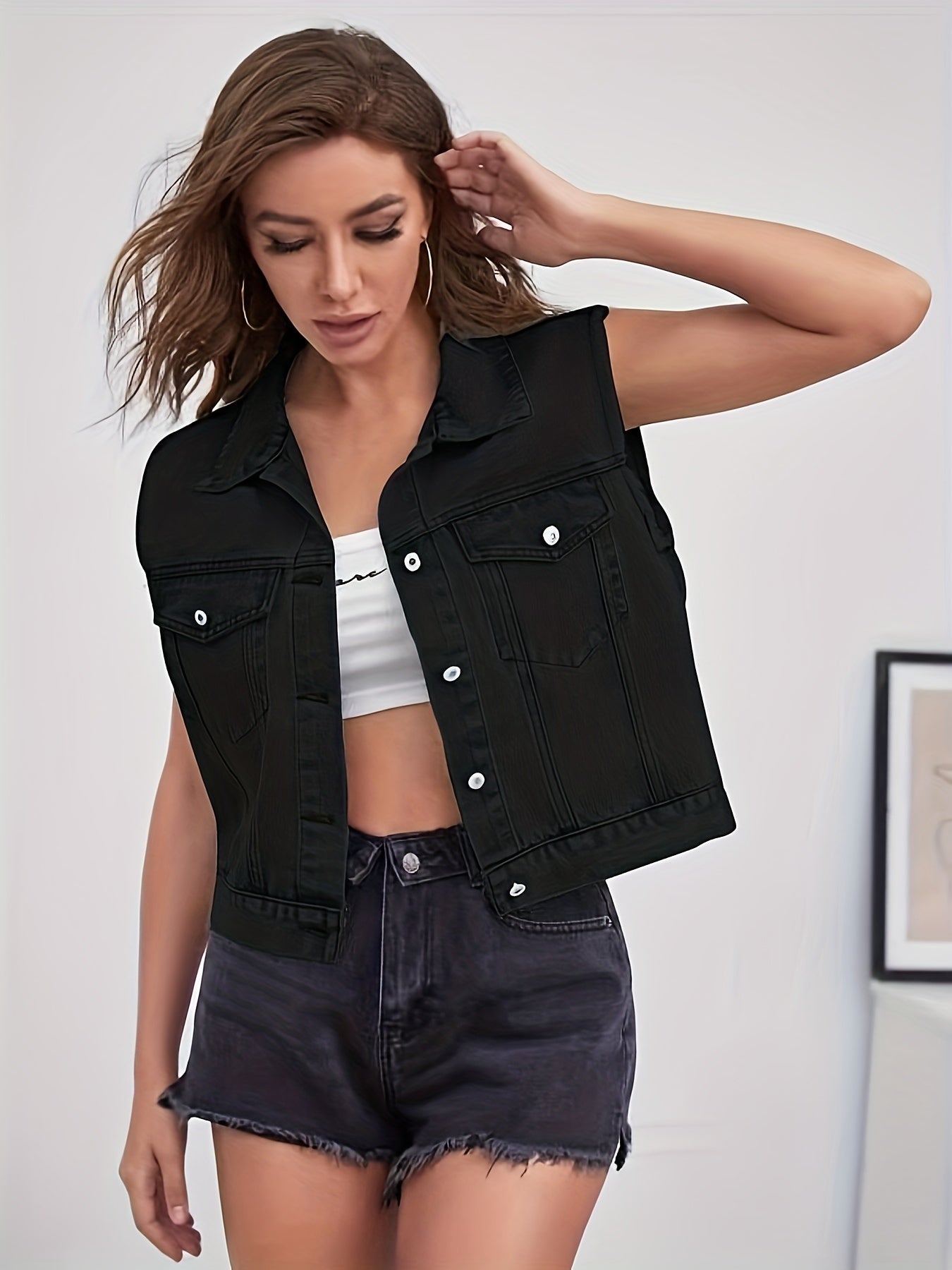 Sleeveless Denim Vest Flap Pockets Lapel Denim Jacket Women's Clothing