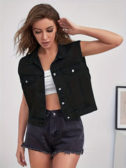 Sleeveless Denim Vest Flap Pockets Lapel Denim Jacket Women's Clothing