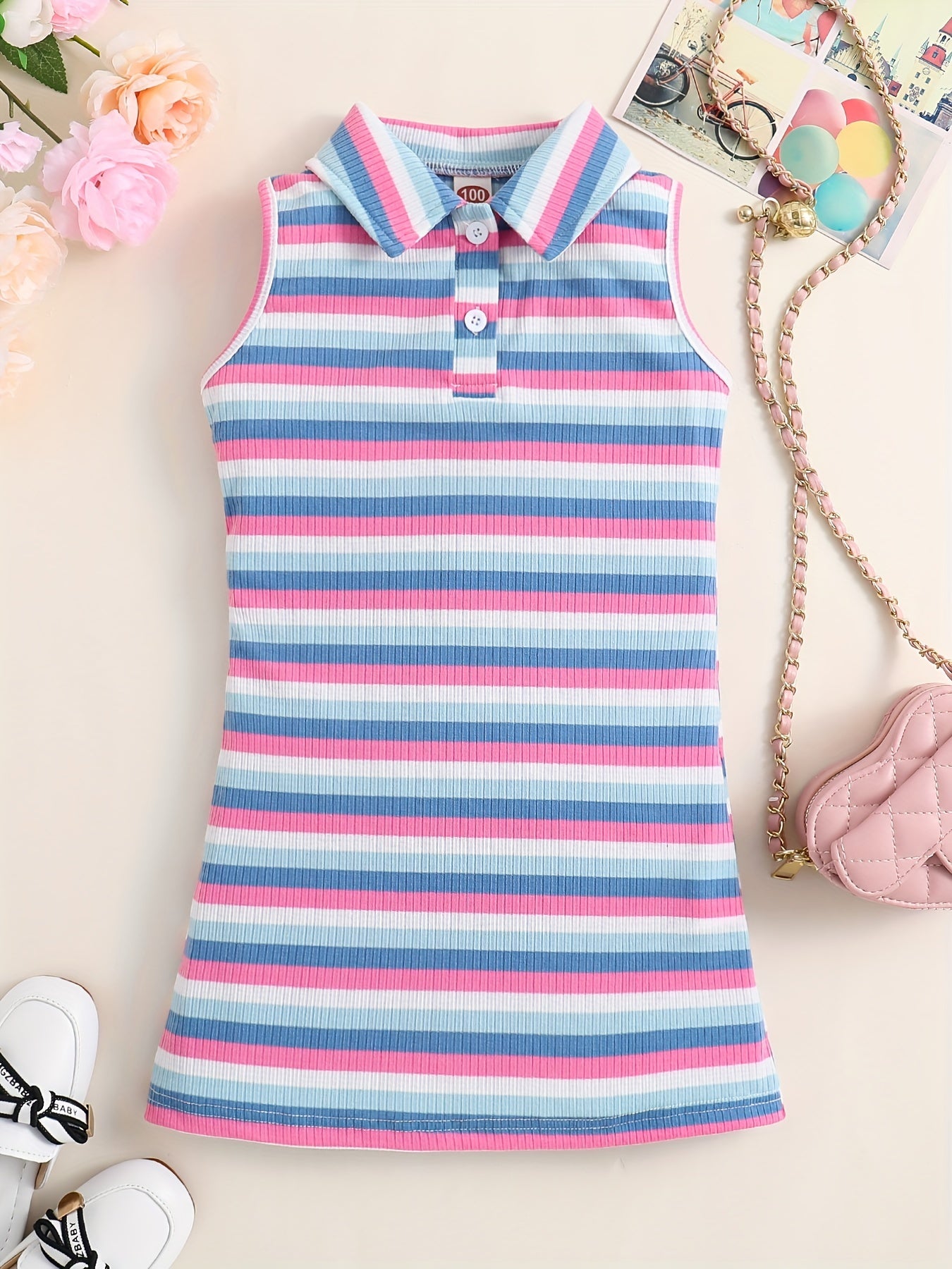 Rainbow Striped Ribbed Knit Polo Neck Dress for Toddler Girls