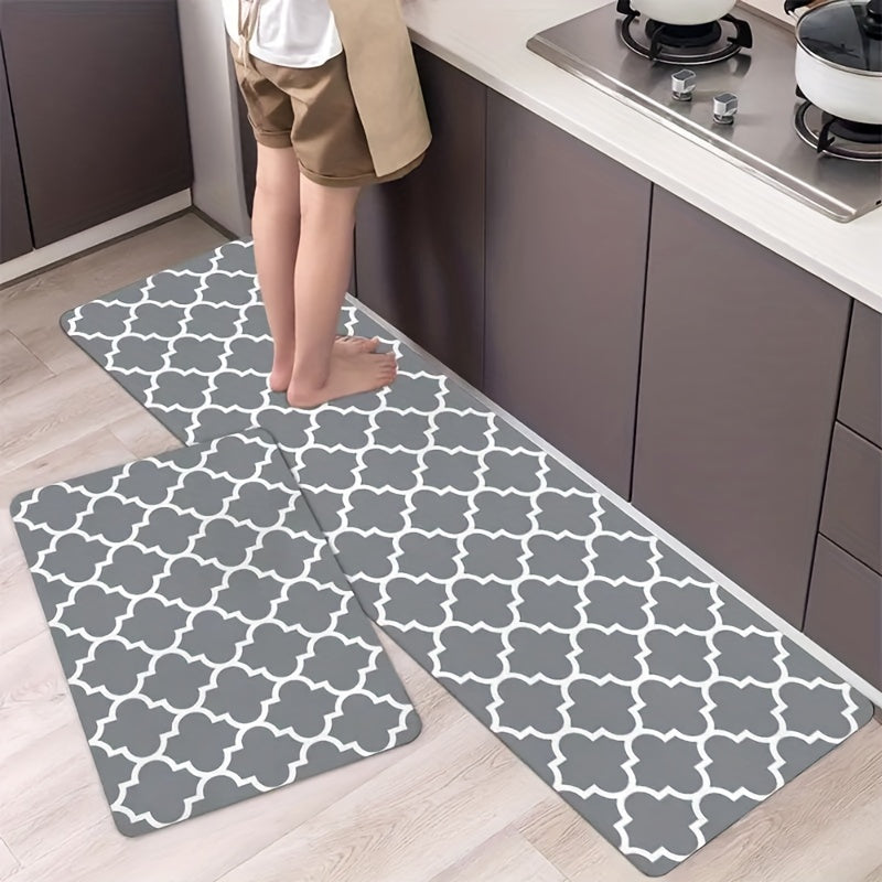 Grey Geometric Moroccan Kitchen Rug - Absorbent Non Slip Floor Mat