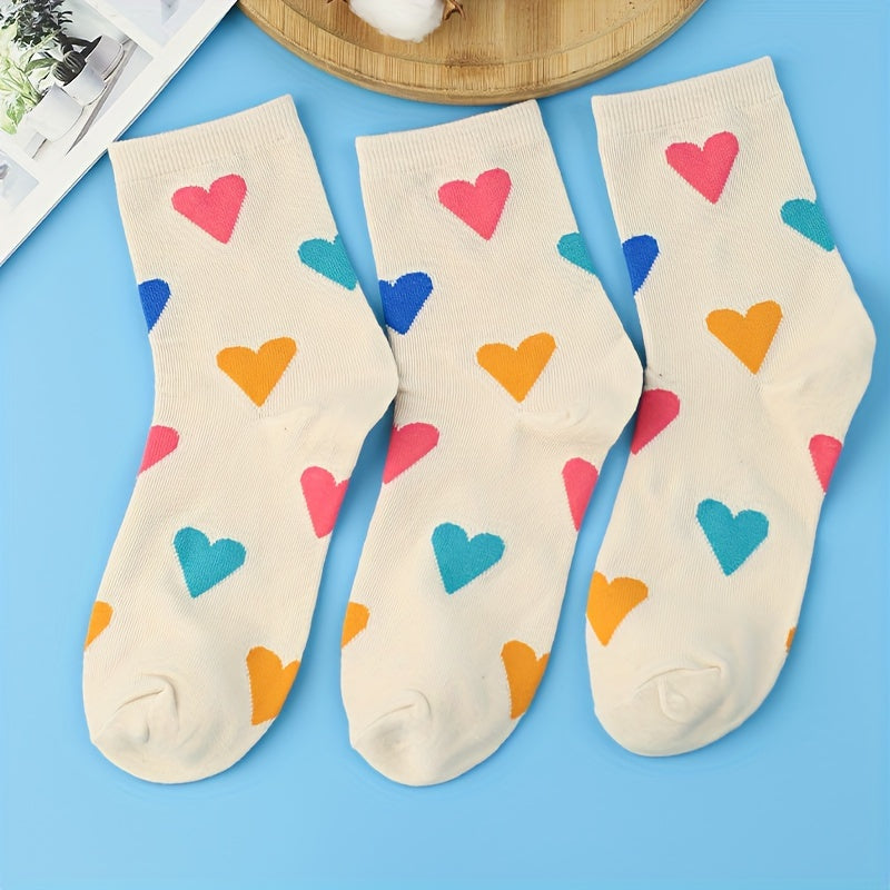 3 Pairs Heart Print Socks Comfy Mid Tube Women's Stockings