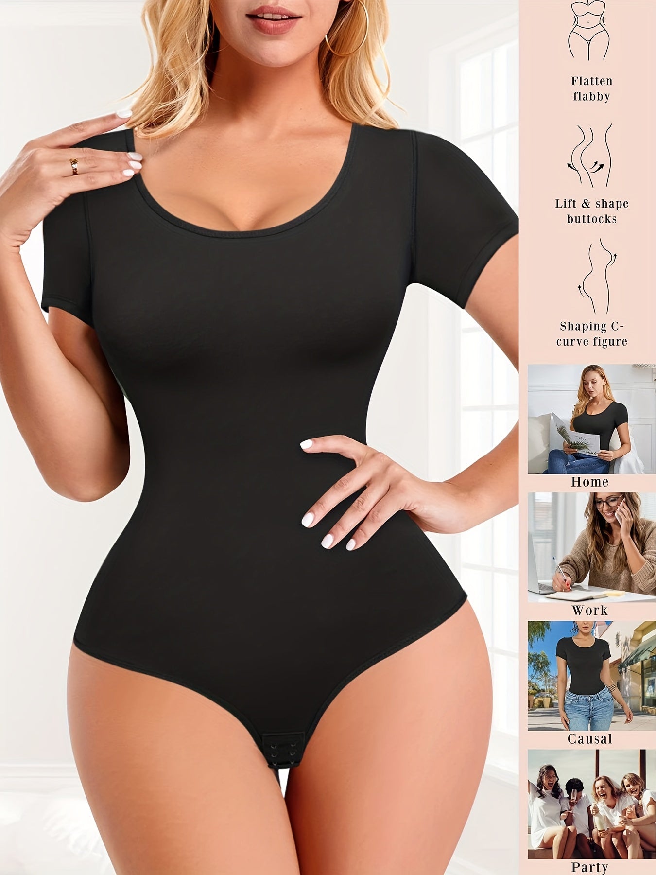 Short Sleeve Shaping Bodysuit Tummy Control Butt Lifting Crew Neck Body Shaper