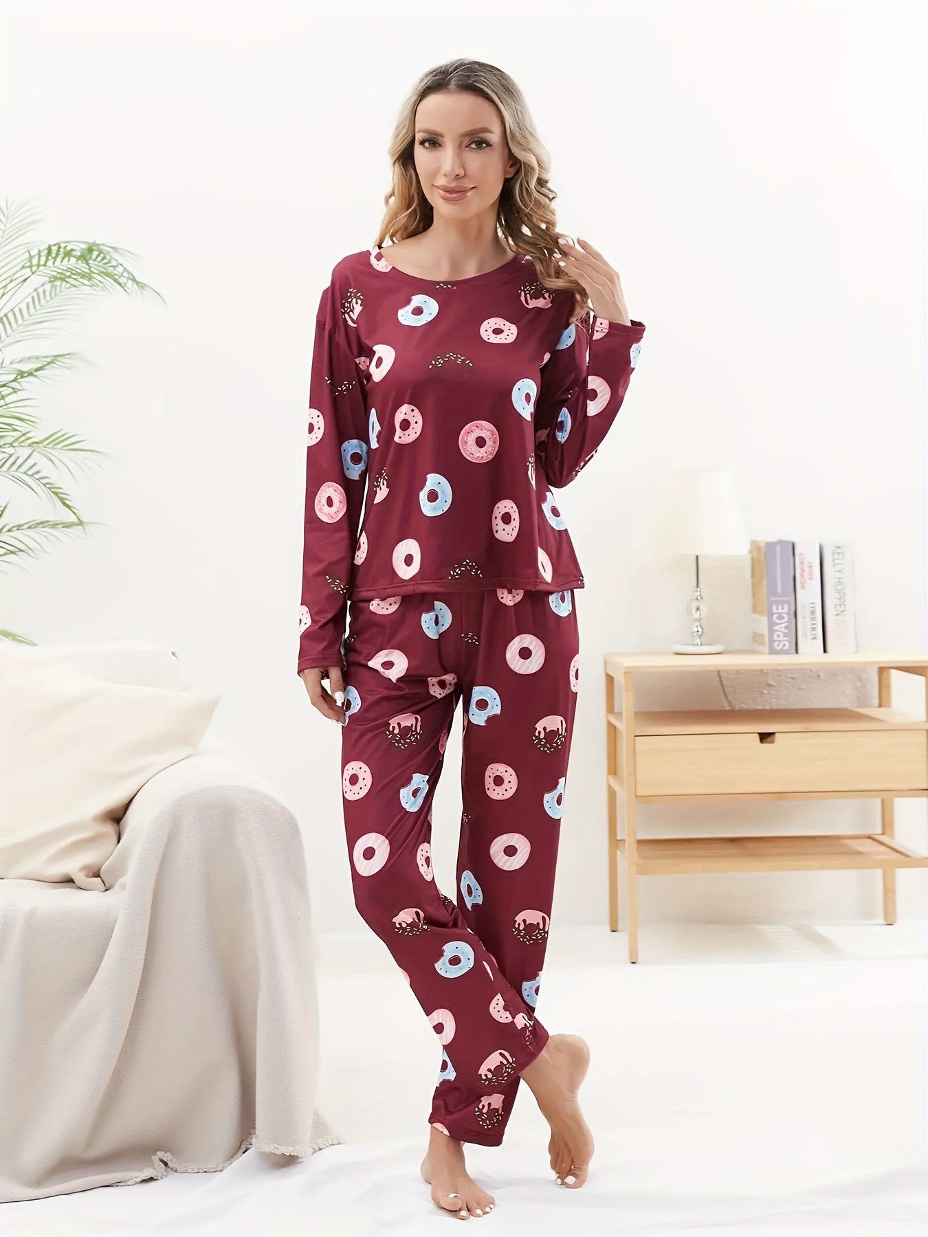 Donut Print Pajama Set Long Sleeve Crew Neck Top & Elastic Waistband Pants