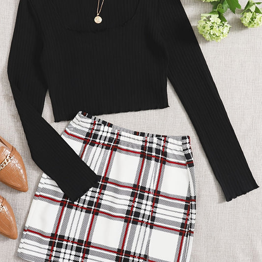 Women's Two Piece Set Square Neck Crop Top & Plaid High Waist Mini Skirt