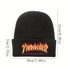 Flame Letter Embroidery Knitted Beanie Hat Winter Warmth Sports Elasticity