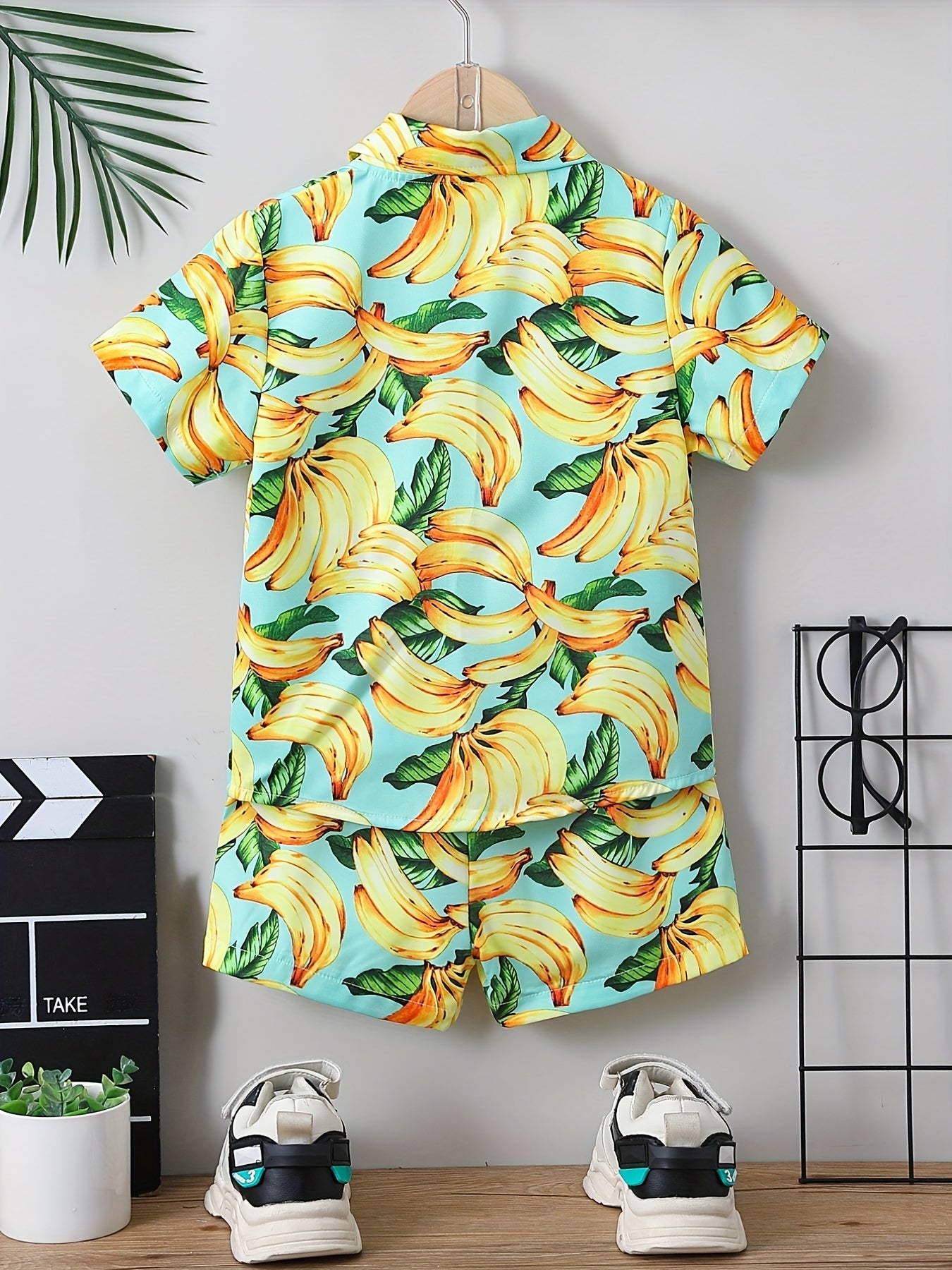 Boys Banana Print Shirt & Shorts Set Summer Kids
