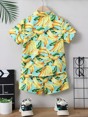 Boys Banana Print Shirt & Shorts Set Summer Kids
