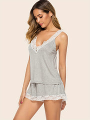 Lace Stitching Pajama Set V Neck Tank Top & Elastic Waistband Shorts Women's