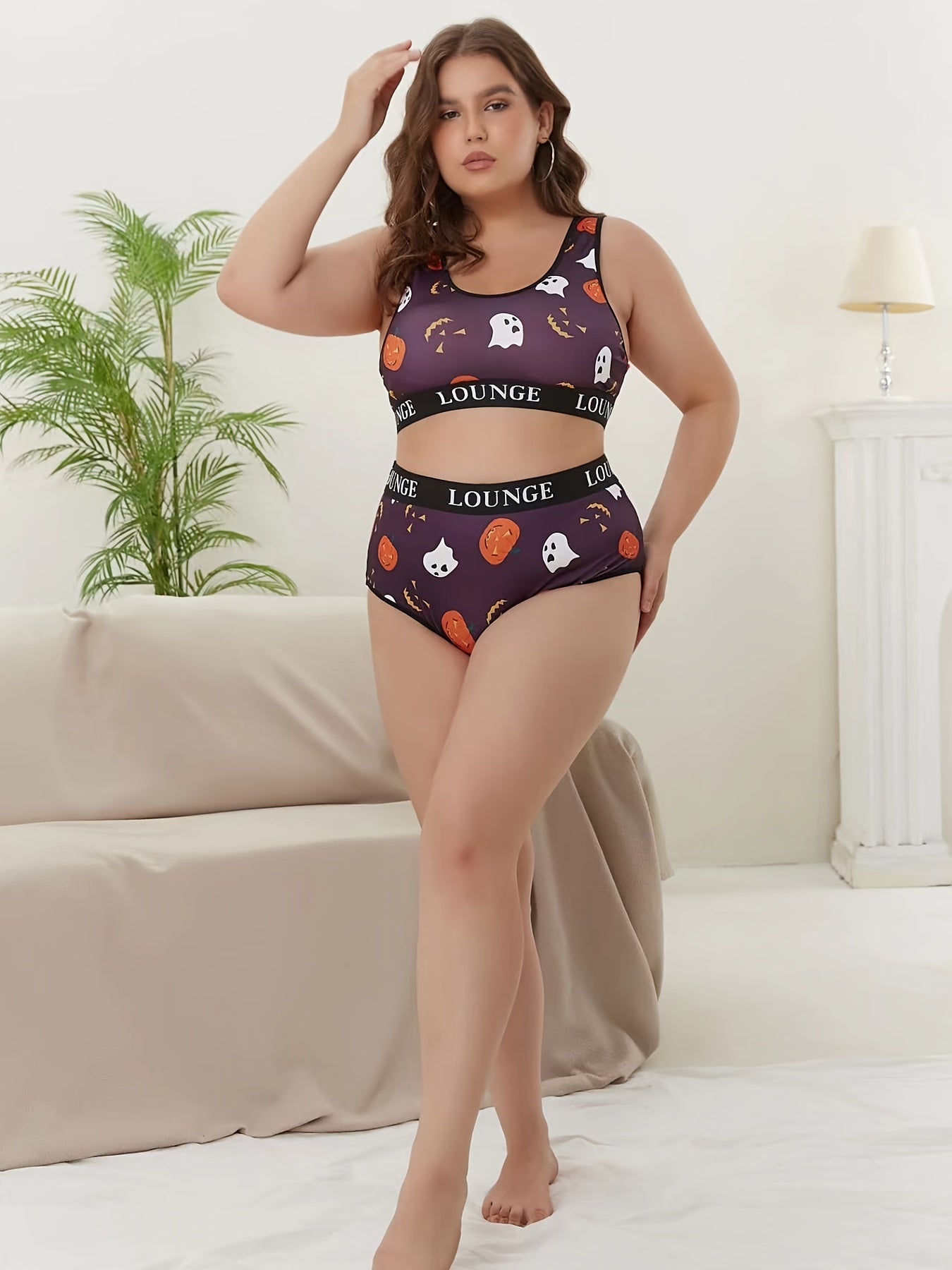 Halloween Underwear Set Women's Plus Ghost & Pumpkin Print
