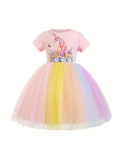 2pcs Girls Unicorn T shirt&Rainbow Dress Set For Summer