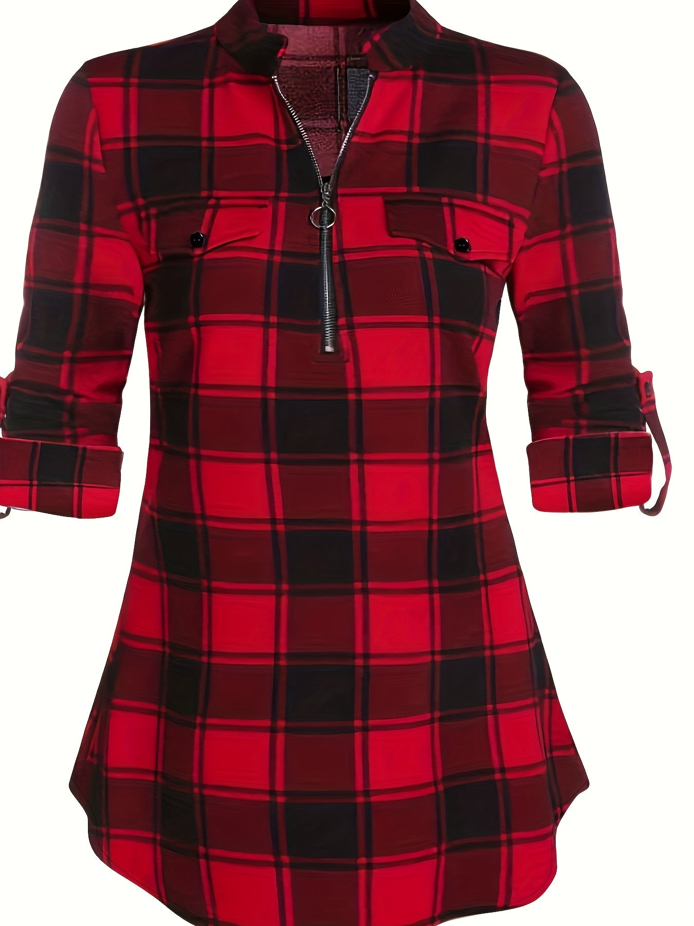 Plaid Print Roll Up Sleeve Notched Neck Blouse