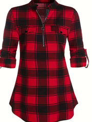 Plaid Print Roll Up Sleeve Notched Neck Blouse