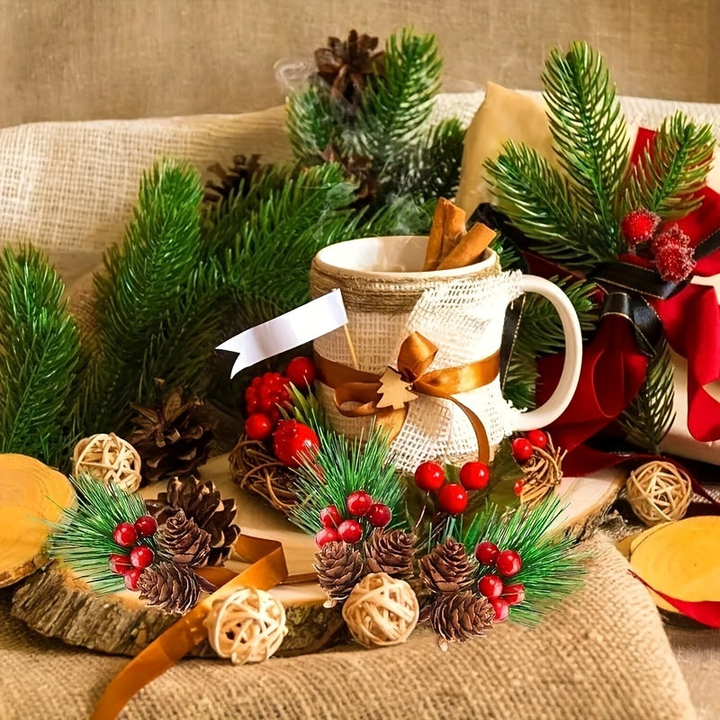 10pcs Christmas Red Berry Picks Holly Branches Pine Needle DIY Decoration