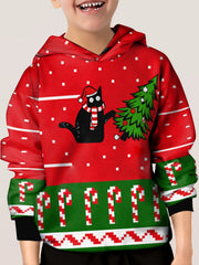 Halloween Cat Pattern Hoodie For Kids Long Sleeve Top