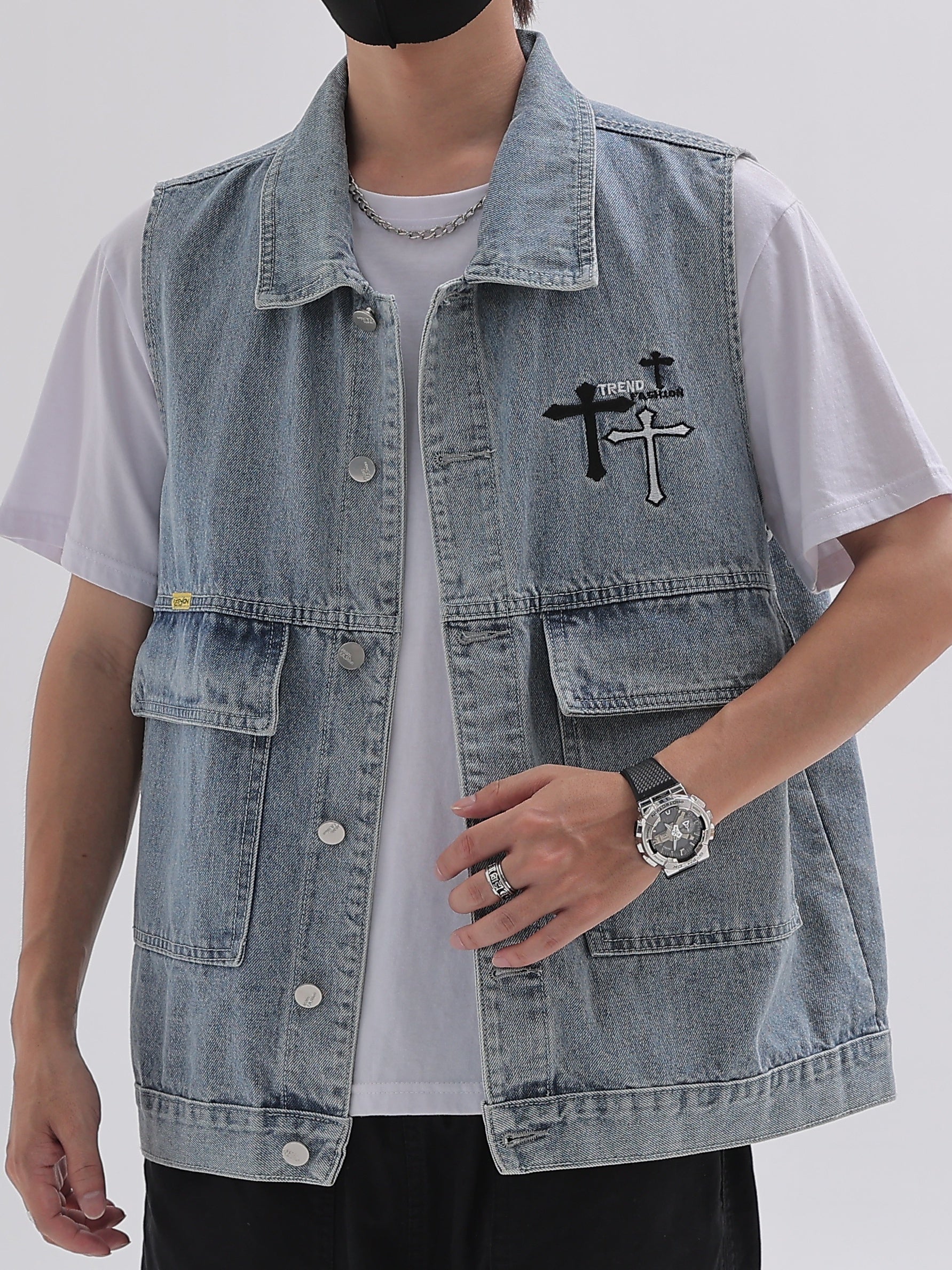 Men's Classic Crucifix Pattern Denim Vest Street Style Waistcoat Spring Summer