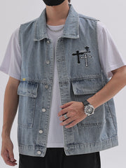 Men's Classic Crucifix Pattern Denim Vest Street Style Waistcoat Spring Summer