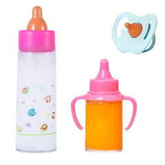 3pcs Baby Doll Feeding Set - Milk, Juice Bottles, Toy Pacifier, Pink Plastic