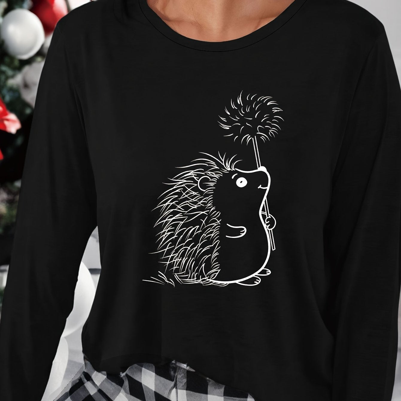 Hedgehog Print Lounge Top Long Sleeve Crew Neck Women's Sleepwear