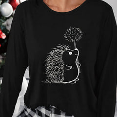 Hedgehog Print Lounge Top Long Sleeve Crew Neck Women's Sleepwear