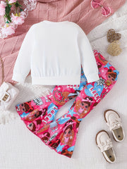 Anime Girl Pattern Sweatshirt & Flared Pants Set for Girls
