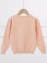 Girls Heart Embroidery Round Neck Knit Cardigan for Spring Fall
