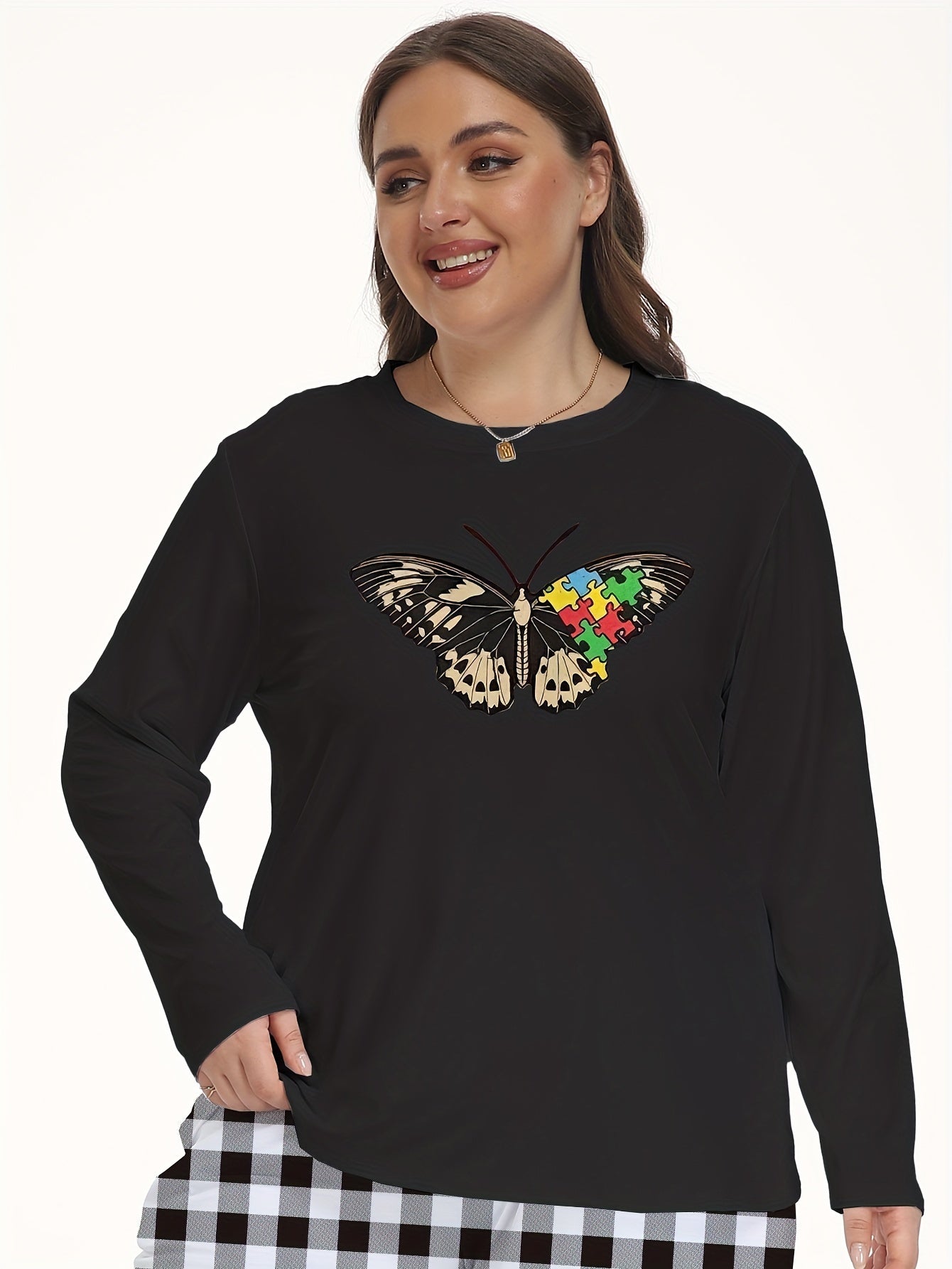Butterfly Print Long Sleeve Pajama Top Round Neck Loungewear