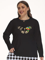 Butterfly Print Long Sleeve Pajama Top Round Neck Loungewear