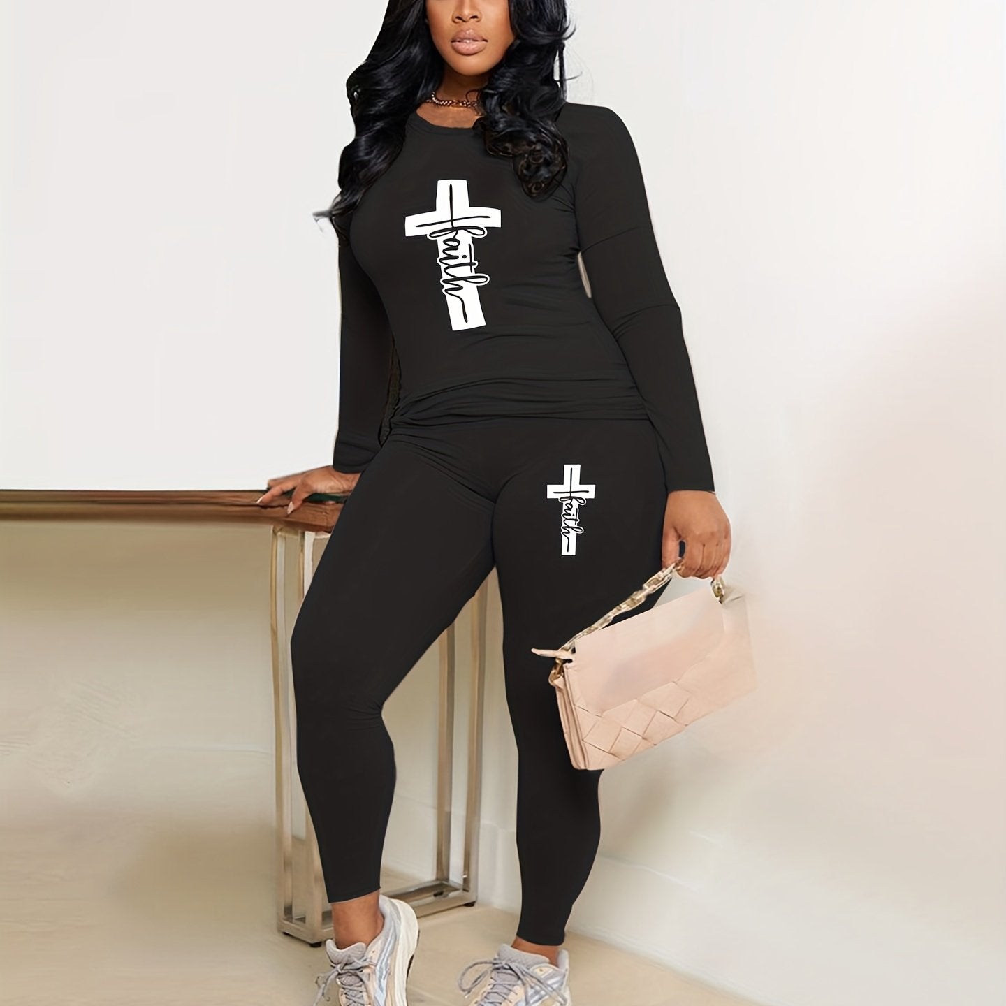 Cross & Letter Print Long Sleeve T-shirt & Leggings Set