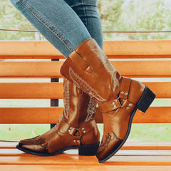 Women's Retro Embroidered Western Boots V cut Slip On Chunky Shoes