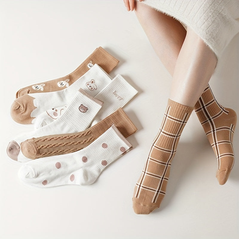 7 Pairs Cartoon Print Socks Cute & Comfortable Women's Mid Tube Stockings