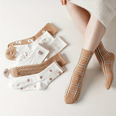 7 Pairs Cartoon Print Socks Cute & Comfortable Women's Mid Tube Stockings