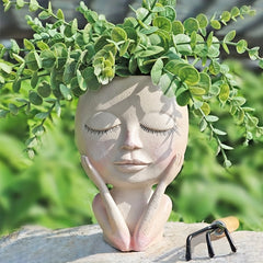 Closed Eyes Quiet Girl Face Succulent Pot with Drainage Hole