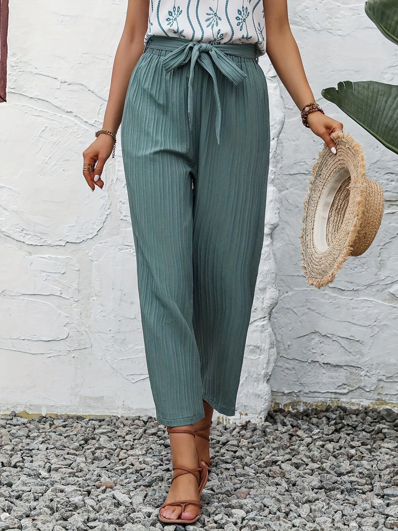 Textured Belted Straight Leg Pants for Women