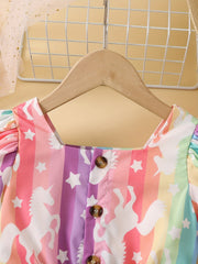 Toddler Girls Puff Sleeve Button Rainbow Unicorn Graphic Belted Rompers