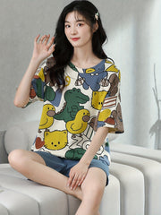 Cartoon Print Pajama Set Short Sleeve Top & Cozy Shorts Women's Loungewear