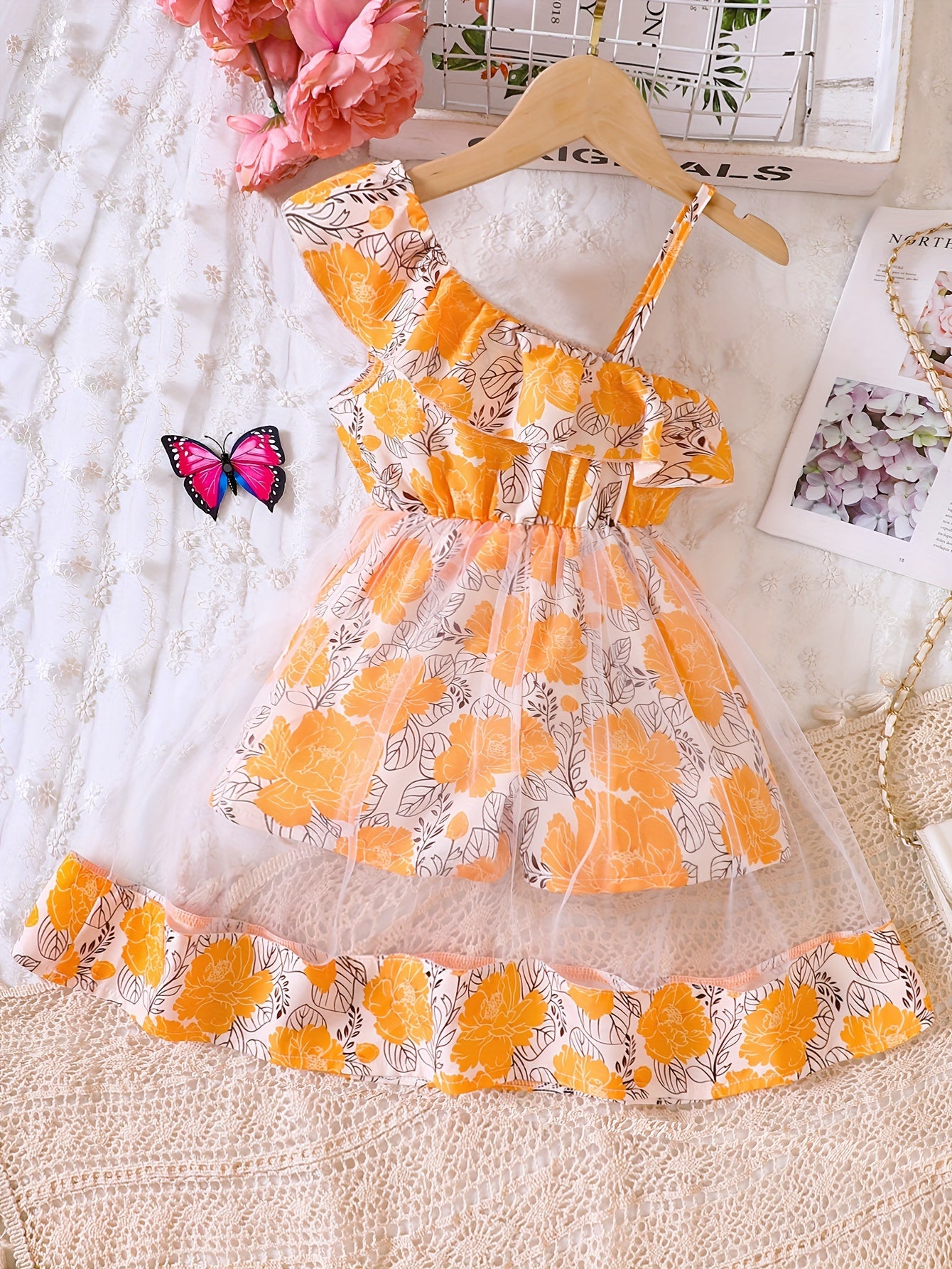Toddler Girls Ruffle Trim Flowers Graphic Rompers Jumpsuits