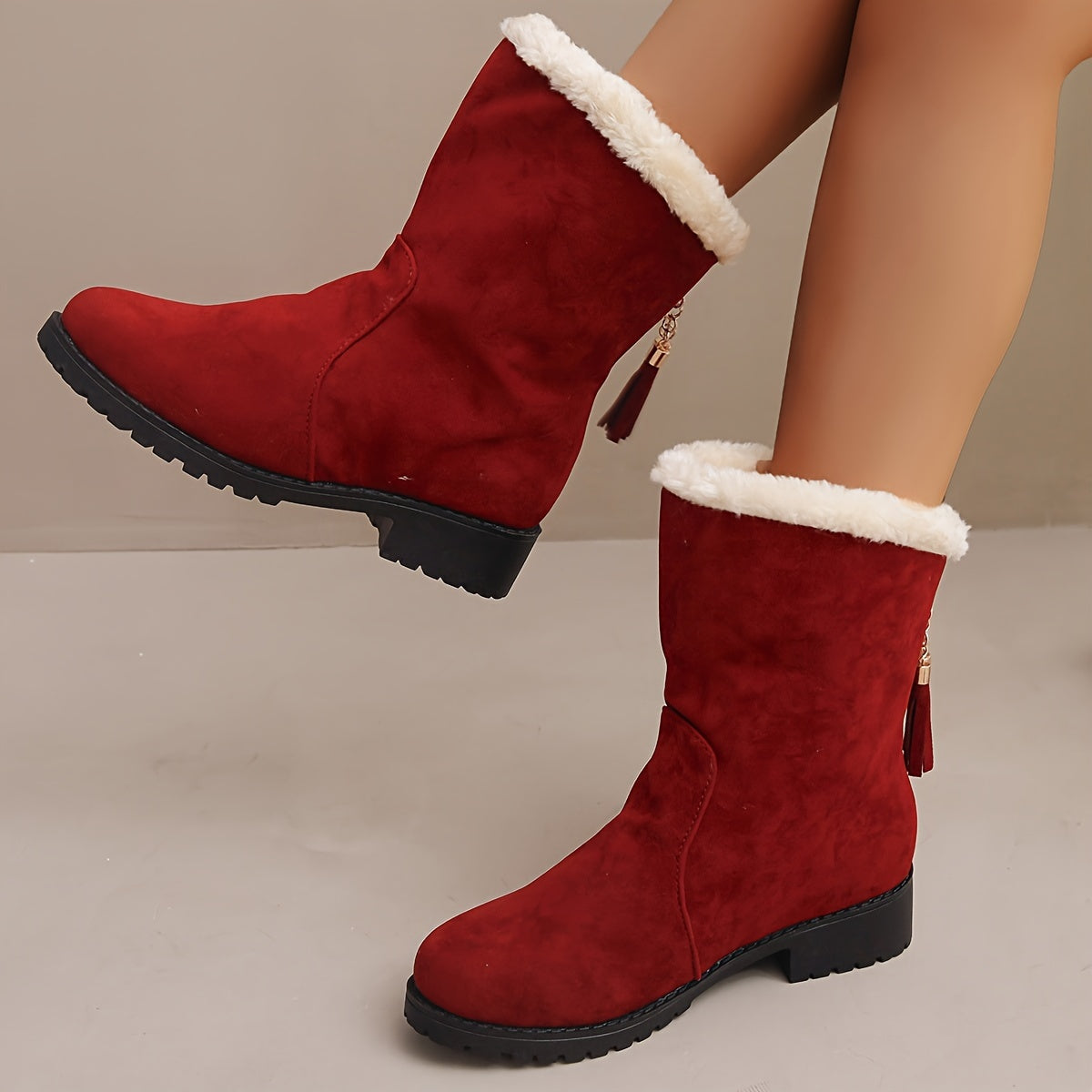 Women's Winter Snow Boots Tassel Plush Inner Low Heel Mid Calf Boots
