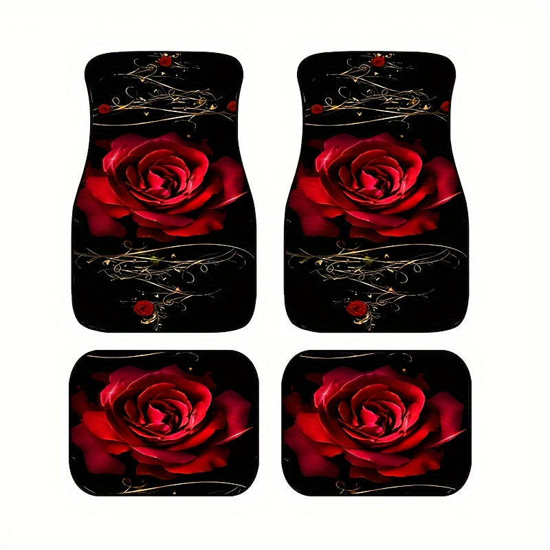 Red Rose Pattern Car Floor Mats - Set of 4