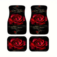 Red Rose Pattern Car Floor Mats - Set of 4