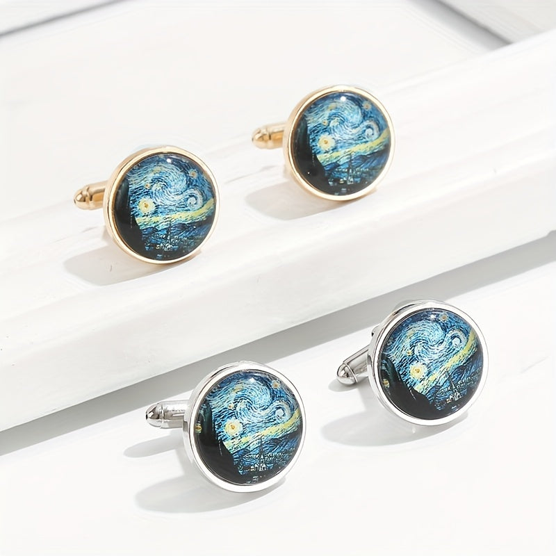 2pcs Starry Night Gemstone Men's Cufflinks Retro Metal Cufflinks