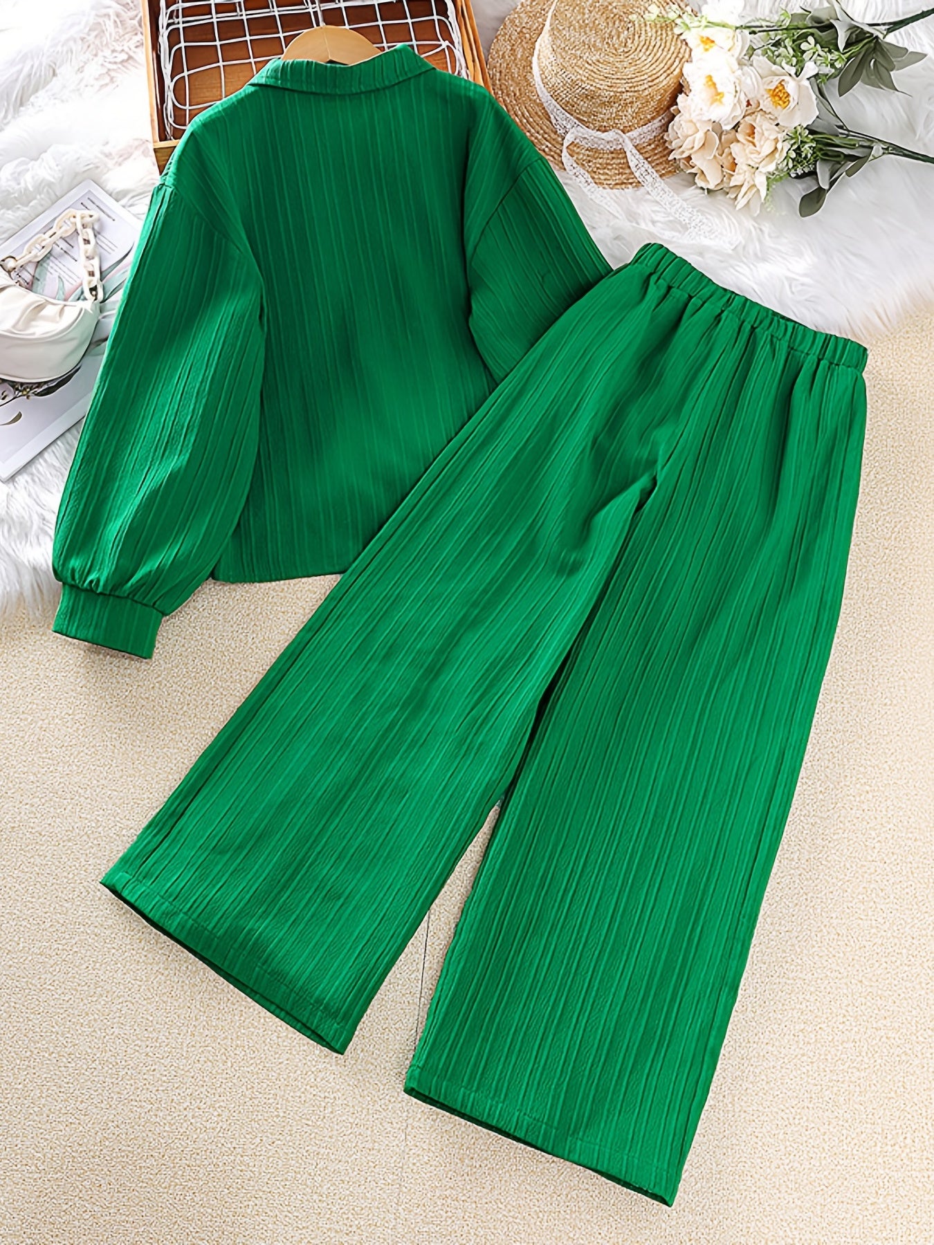 Girls Long Sleeve Button Down Blouse Top & Elastic Waist Wide Leg Pants 2pcs Set