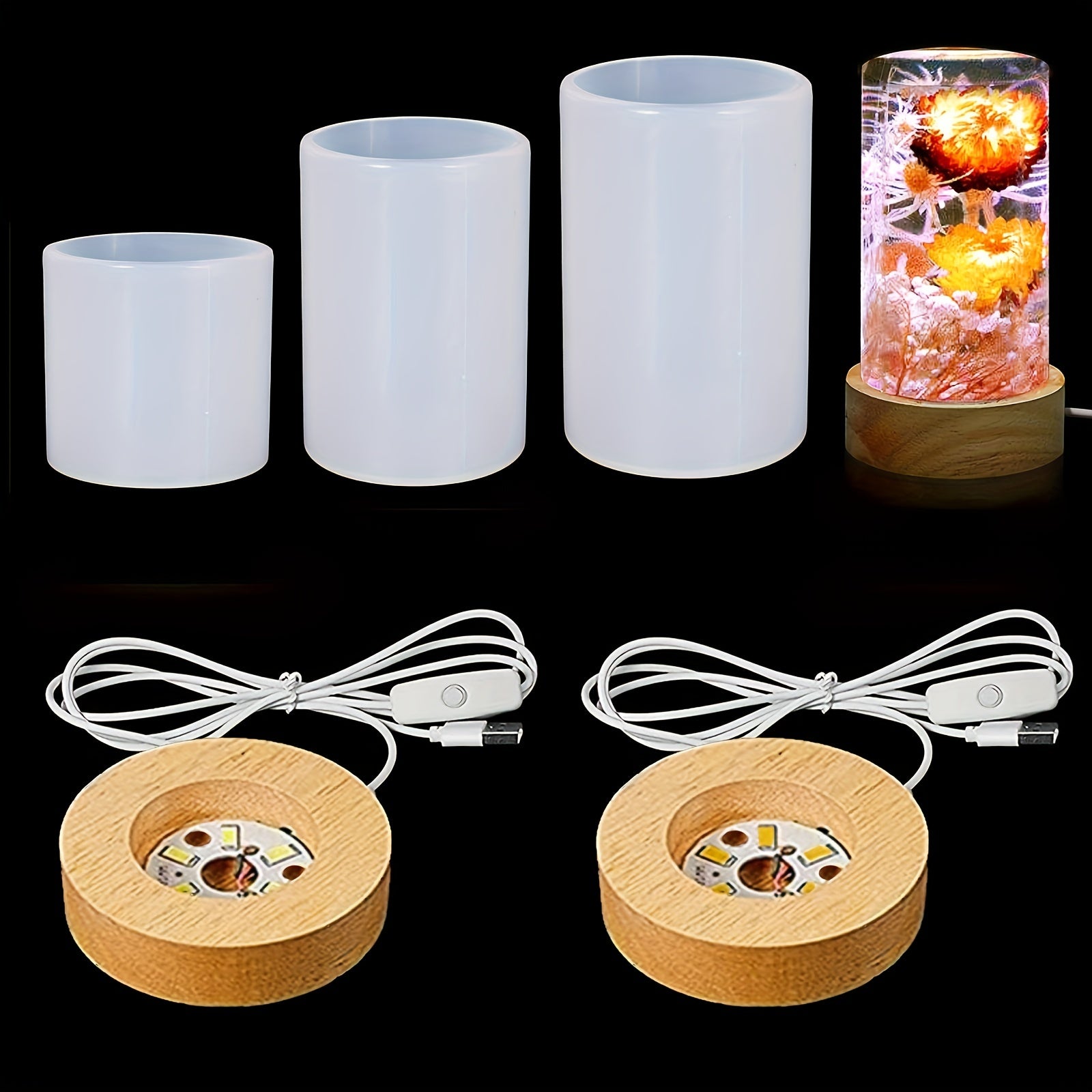 Resin Mold Cylinder Light with Wooden Base Stand