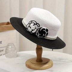 French Style Straw Hat Camellia Faux Pearl Chain Decor & Sun Hat