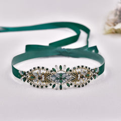 Vintage Rhinestone Waist Belt Sparkling Crystals Green Ribbon Bridal Sash