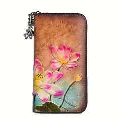 Vintage Floral Leather Wallet for Women, Zipper Closure, Card Slots