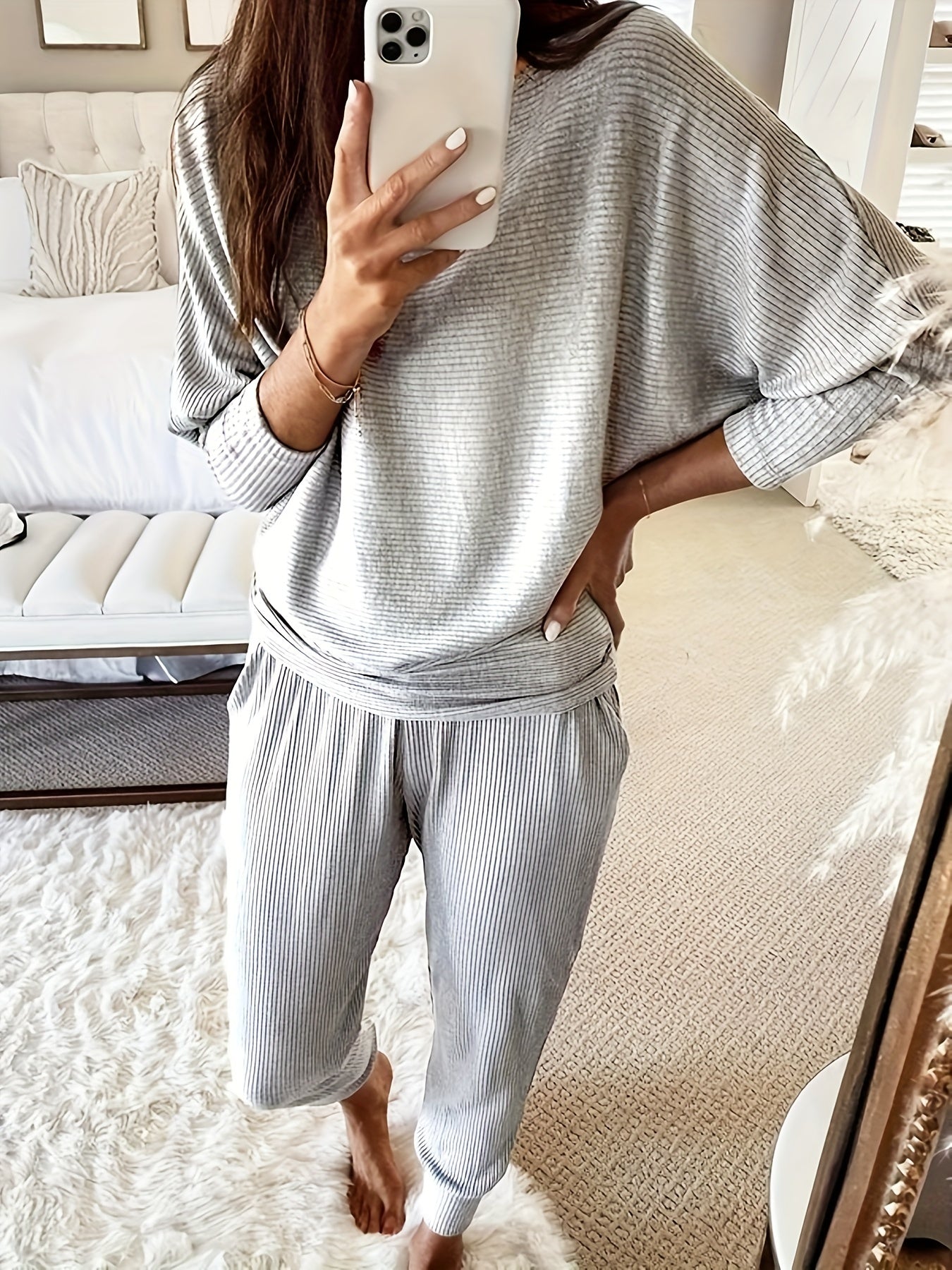 Solid Ribbed Top & Pants Set, Long Sleeve Round Neck, Casual 2-Piece