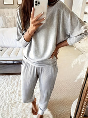 Solid Ribbed Top & Pants Set, Long Sleeve Round Neck, Casual 2-Piece